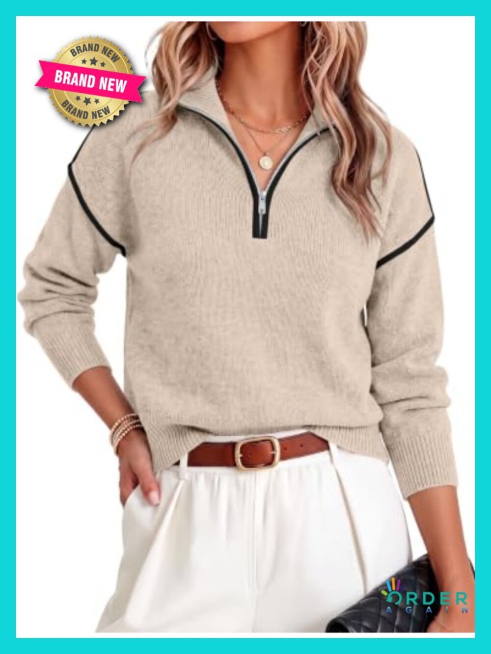 Cropped Quarter Zip Pullover Sweater Loose Fit Ribbed Knit Fall